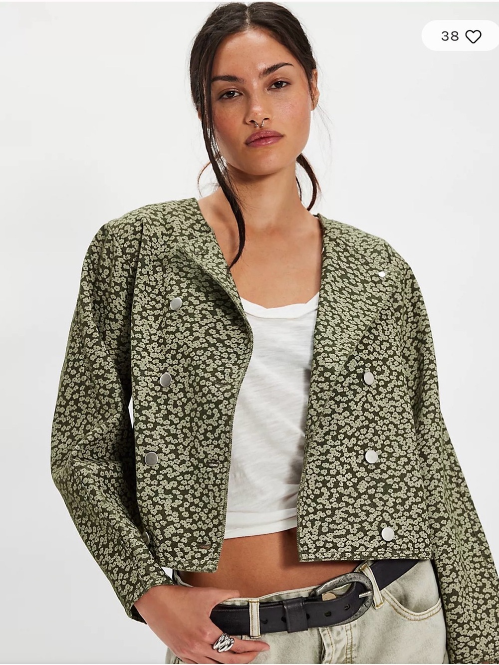 The Tiny big sister free people Olive green floral Cropped Jacket denim size 38